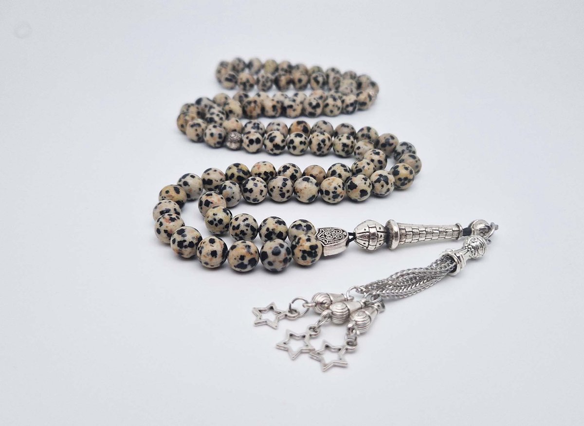Handgemaakte tesbih "Tasbih" natuursteen " Jasper Dalmatin" - Aantal kralen 99 - Diameter kralen 8MM - met metaal tassel "Kleine sterren" - Een mooi cadeau-idee