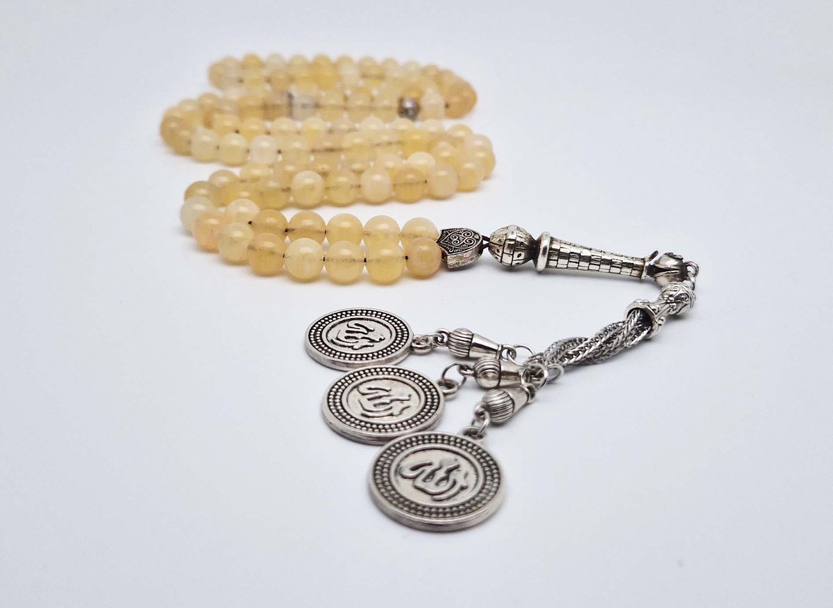 Handgemaakte tesbih "Tasbih" natuursteen " Calciet geel " - Aantal kralen 99 - Diameter kralen 8MM - met metaal tassel "Allah Alwahid" - Een mooi cadeau-idee