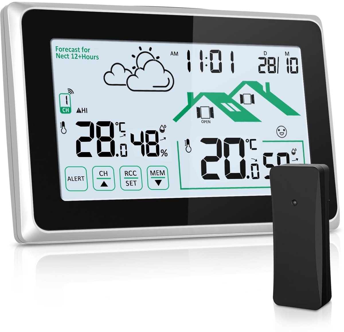 Draadloos Weerstation met Buitensensor voor Temperatuur- en Vochtigheidsmeting - LCD-Touchscreen met Weersvoorspelling en DCF Radiogestuurde Klok