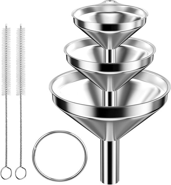 3 Stuks Roestvrij Stalen Trechter Met 2 Reinigingsborstels en Handvat - Stapelbare Kleine Keuken Mini Trechter Voor Vloeistoffen, Kookolie en Poeder - 4,5/5,5/7,5 cm