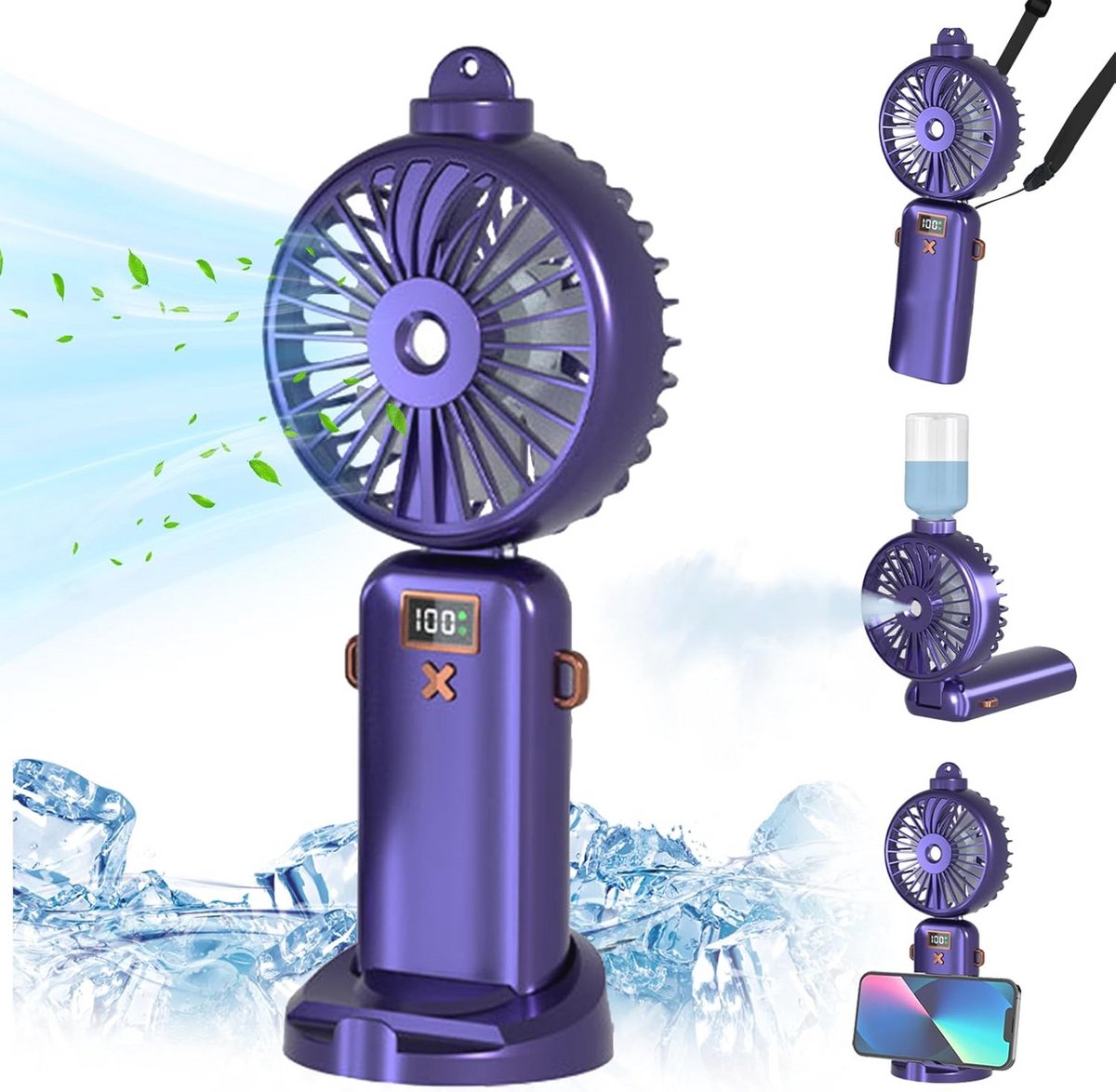 Draagbare Mini Ventilator met Nebulizer - 5000 mAh, 5 Snelheden, USB Oplaadbaar voor Thuis, Kantoor en Reizen - Paars