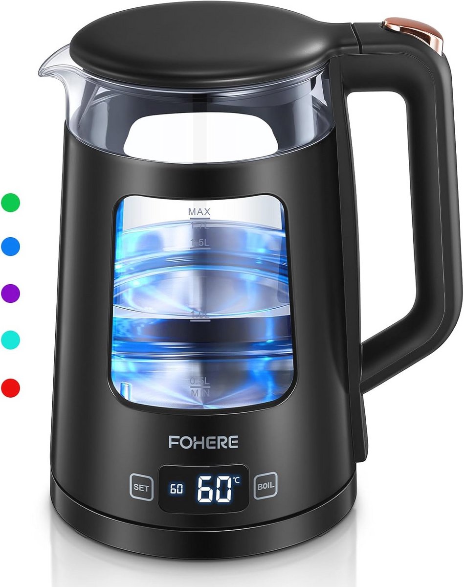 Glazen waterkoker met temperatuurinstelling en warmhoudfunctie - 1,7 liter, snel koken, automatisch uitschakelen