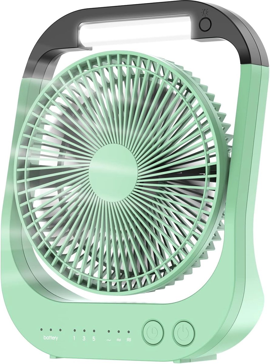 Draagbare USB Tafelventilator met 10000 mAh Batterij - 4 Snelheden, 180° Rotatie en LED-Verlichting voor Kamperen en Reizen