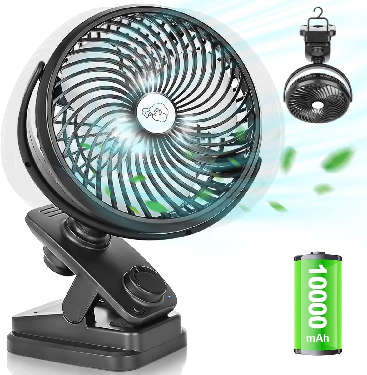 Mini batterij-ventilator met stille werking en LED-licht voor binnen en buiten