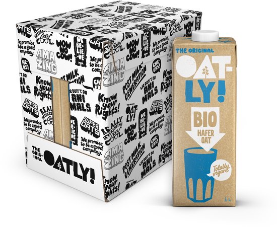 Oatly verpakking met een pak Oatly BIO Hafer Oat drank. Het pak is bruin met blauwe en witte letters.