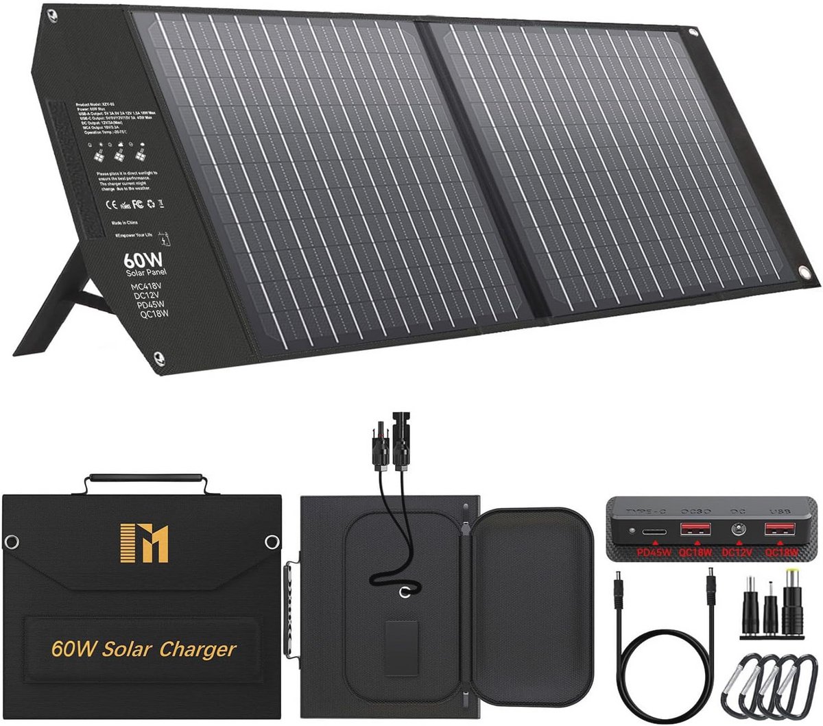 Opvouwbaar 60 W zonnepaneel met 5 aansluitingen - USB, DC en MC4
