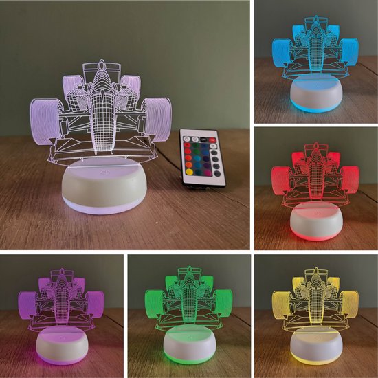 Klarigo® Nachtlamp – F1 - Design 2 - 3D LED Lamp Illusie – 16 Kleuren – Witte Base - Bureaulamp – F1 25 - Formule 1 Wagen - Max Verstappen - F1 - Racewagen - Sportauto – Nachtlampje Kinderen – Creative lamp - Afstandsbediening