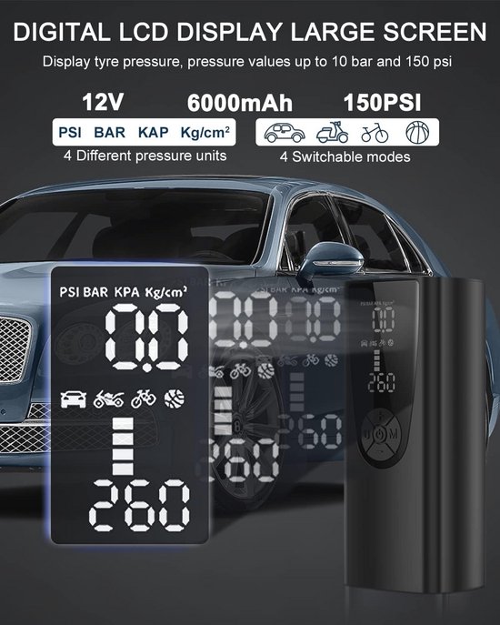 Elektrische Luchtpomp Met 6000 MAh Accu, 150 Psi Elektrische Compressor Draagbare Fietspomp Met Digitaal Lcd Display Ledlicht Mini Bandenpomp Voor Auto Motorfiets Fiets Ballen