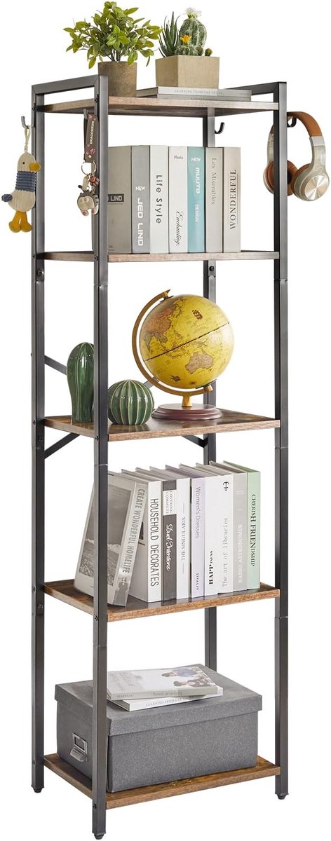 Boekenkast, 5 verdiepingen opbergrek, plantenrek, opbergrek met stalen frame, voor woonkamer, kantoor, werkkamer, hal, industriële stijl, rustiek bruin