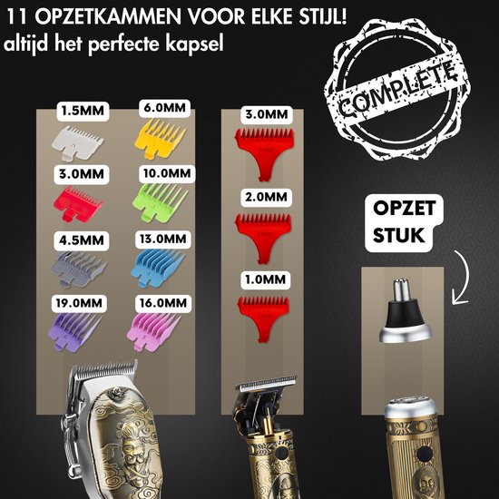 Set opzetkammen voor de Sansbeauté tondeuse in diverse maten (1.5mm tot 19mm) en accessoires.
