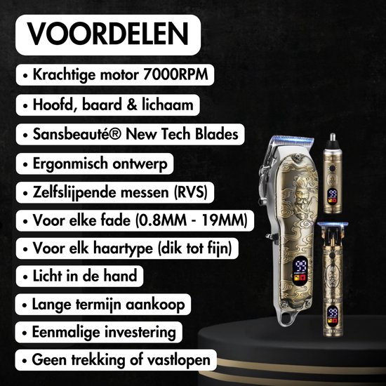 Lijst met voordelen van gouden tondeuse, met afbeeldingen van de tondeuse.