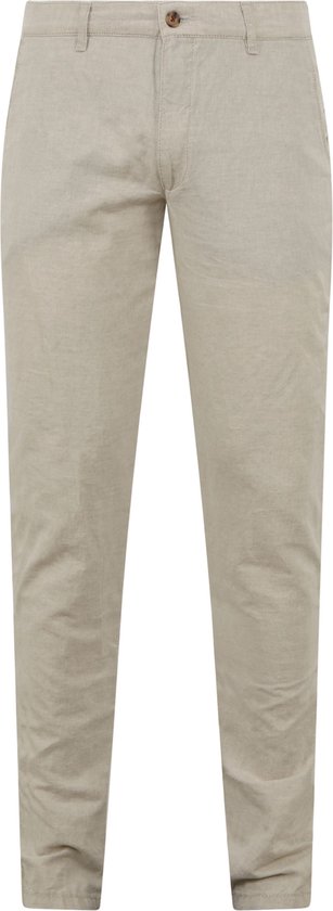 Lichtbeige linnen broek, voorkant zichtbaar, met riemlussen en een bruine knoop.