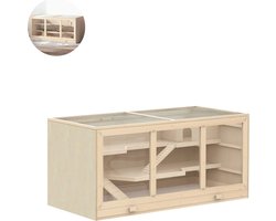 Hamsterkooi - Cavia kooi - Rattenkooi - Huisje - 2 Niveaus - Verwijderbare Lade - Met Voederstation - Zaag - Loopplank - Hutten - Hangbrug - Hout - 115 x 57 x 55 cm - Natuurlijk Hout