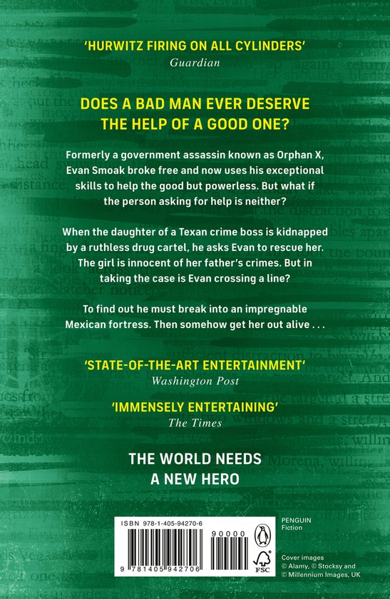 Achterkant van een boek met tekst: 'DOES A BAD MAN EVER DESERVE THE HELP OF A GOOD ONE?', en recensies.