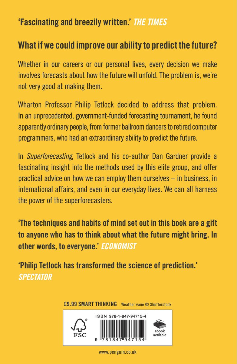 Achterflap van het boek Superforecasting met recensies en uitleg over het boek.