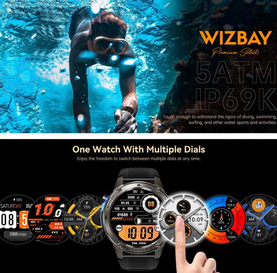 Een man zwemt, draagt een zwarte smartwatch. Meerdere wijzerplaten worden getoond met functies zoals GPS en hartslag.