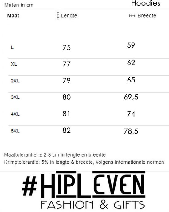 Maattabel voor hoodies met lengte en breedte in cm.