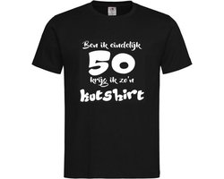 T-shirt Unisex Volwassenen Lol - carnaval - kermis - feestje - grappig - verjaardag Tekst "Ben ik eindelijk 50 krijg ik zo'n kutshirt" Op Voorkant | korte mouw | Zwart/wit | maat XL