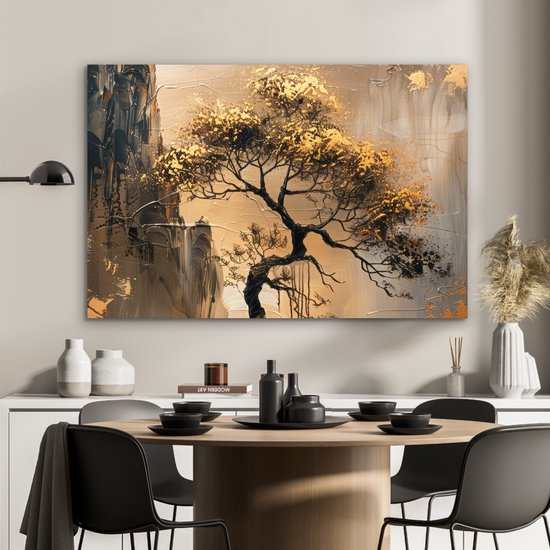 Décoration murale Métal - Peinture Aluminium Industriel - Arbre - Or - Paysage - Peinture - 120x80 cm - Dibond - Photo sur aluminium - Décoration murale industrielle - Pour le salon/chambre