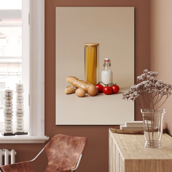 Aluminium schilderij 60x90 cm - Wanddecoratie metaal - Spaghetti - Melk - Tomaten - Eieren - Brood - Metalen muurdecoratie woonkamer - Decoratie industrieel - Foto op dibond - Industriële accessoires slaapkamer