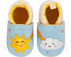 Soxo - Blauwe Slofjes Zon & Wolk – Maat 16-18 – Katoenen Babyslofjes met Antislip Zool - Babyslofjes katoen - Stoffen babyslofjes - Zachte babyslofjes katoen - Baby slofjes maat 16-18 - Baby slofjes voor jongens en meisjes - Babyschoentje zachte zool