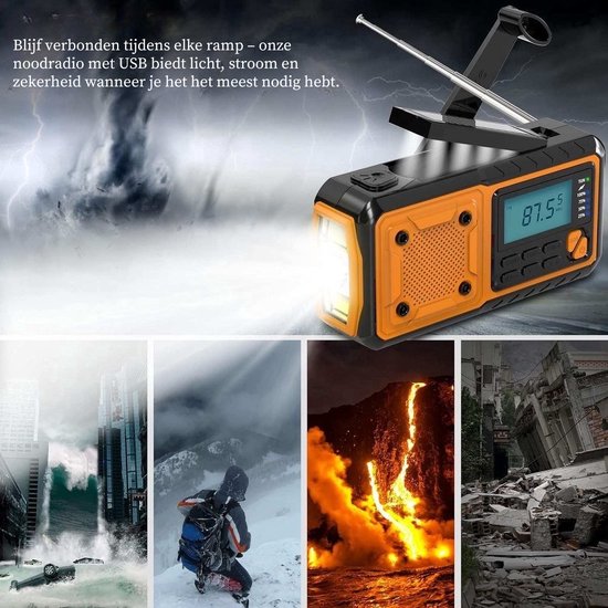 NovaWare® Draagbare NoodRadio Solar Opwindbaar - FM/AM/SW - Powerbank Zonneenergie met 4400mAh - Noodpakket - Op Batterijen - Oranje