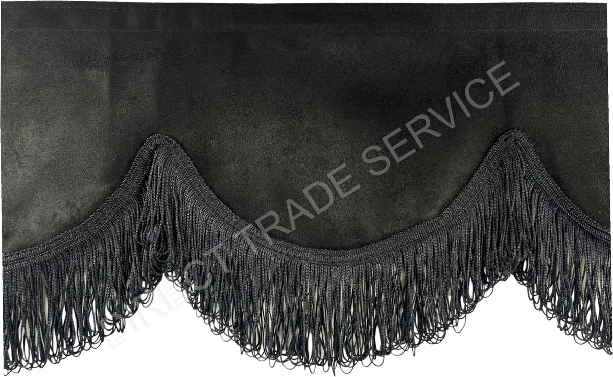 Decoratieve raamband zwart met zwarte franjes, 2 zijdes zelfde materiaal, 250x12 cm voor vrachtwagen, tractor, caravan, truck, enz