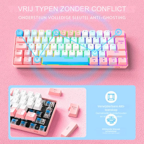 T8 RGB 60% Mechanisch Toetsenbord, Bedraad Gamingtoetsenbord Compact 65% Layout 18 RGB LED-Backlit QWERTY Mini 68 Toetsen Full Keys Anti-ghosting voor PS4, Xbox, Laptop, MAC - Black/Brown Switch