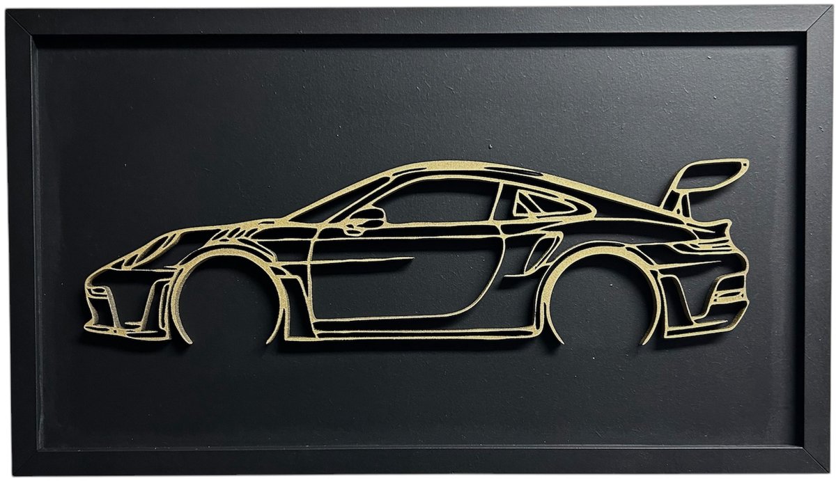 Porsche wanddecoratie - Auto muurdecoratie - 44x25 cm - Omlijsting - Zwart - Wanddecoratie woonkamer - Mancave - Porsche - Mancave decoratie - Wand decoratie - Wanddecoratie - Hout - Muurdecoratie - Porsche 911 kunst - Porsche 911 GT3 RS