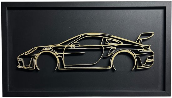 Porsche wanddecoratie - Auto muurdecoratie - 44x25 cm - Omlijsting - Zwart - Wanddecoratie woonkamer - Mancave - Porsche - Mancave decoratie - Wand decoratie - Wanddecoratie - Hout - Muurdecoratie - Porsche 911 kunst - Porsche 911 GT3 RS