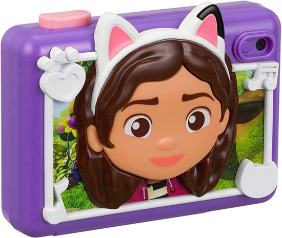 Paarse digitale camera met Gabby's Poppenhuis-thema en kattenoortjes, met afbeelding van Gabby op de voorkant.