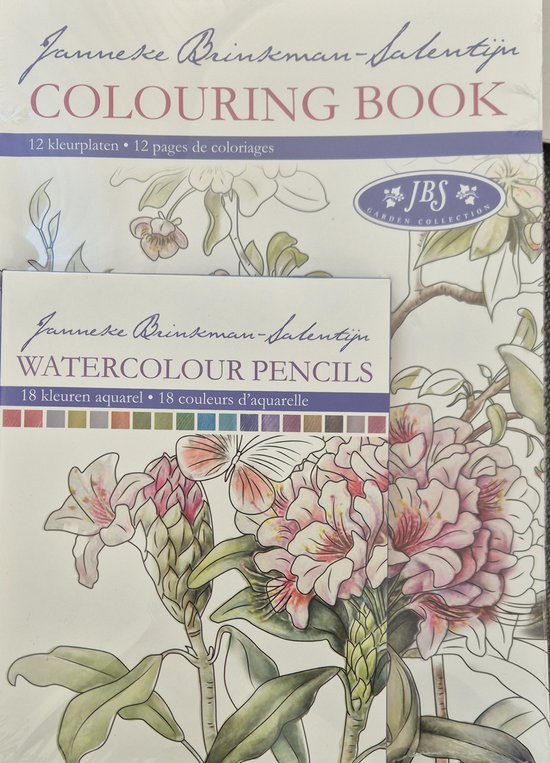 Kleurboek Janneke Brinkman bloemen 12 kleurplaten met 18 aquarel kleurpotloden voor volwassenen paars