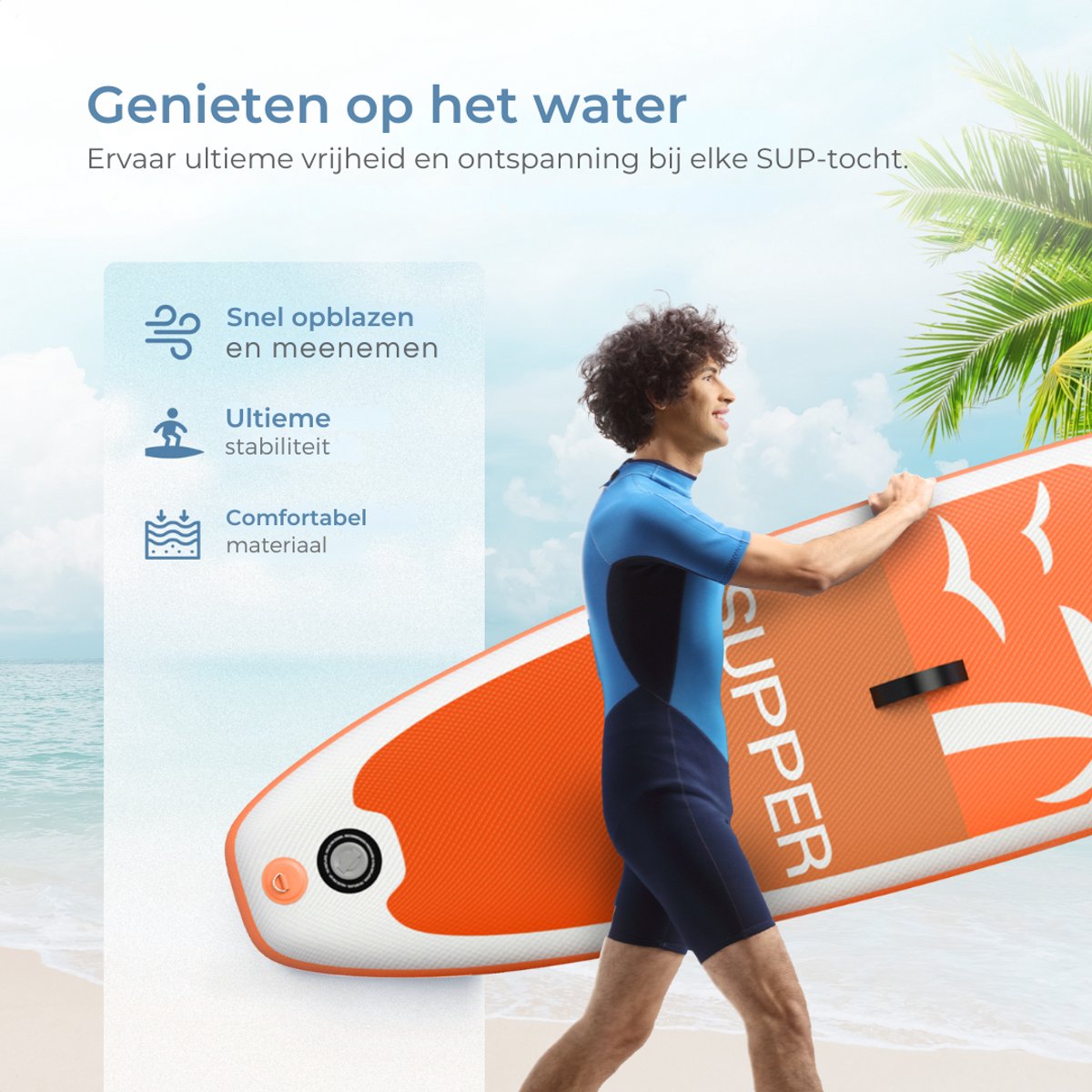 Supper Sup Board - Max. 120KG - Opblaasbaar – Paddle Board – Verstelbare Peddel – Pomp – Vin – Leash – Draagtas – 285 x 76 cm - Oranje – foto 7