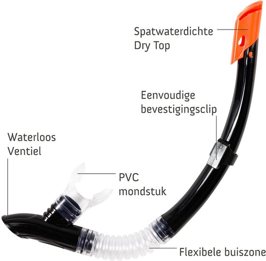 Zwarte snorkel met oranje 'Dry Top', flexibele buis en PVC mondstuk.