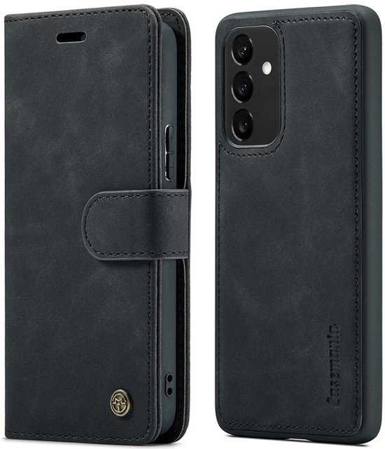 Étui portefeuille noir avec fermeture magnétique, montré fermé avec une coque de téléphone séparée à côté.
