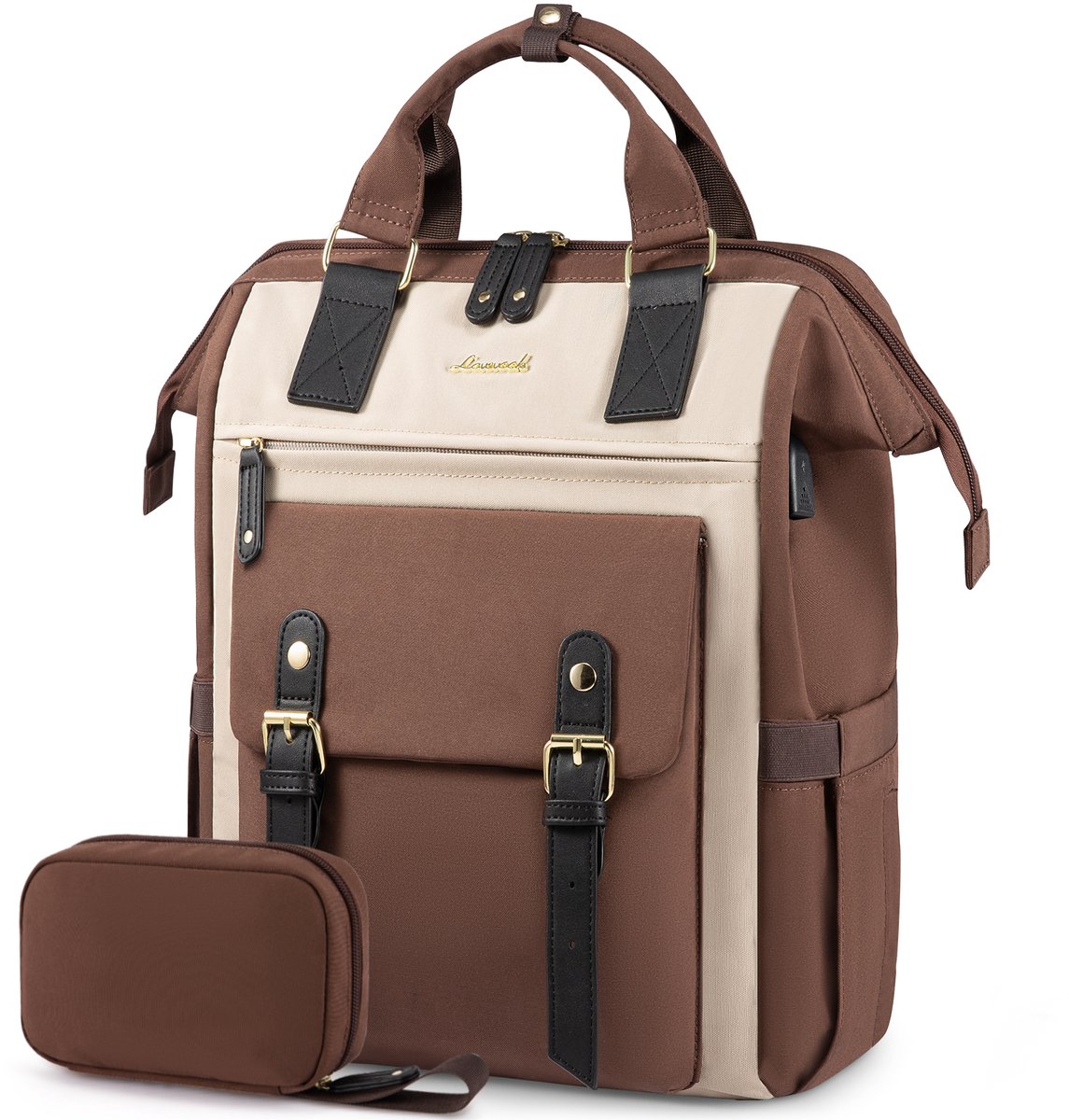 Vermanto Rugzak - Rugtas - Dames - Meisjes - Vrouwen - Laptop - Boekentas - Werk - School - Bruin - Beige - Wit