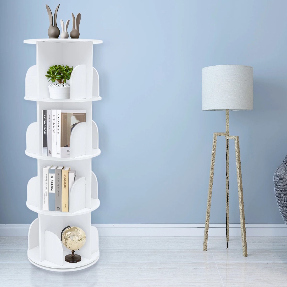 Seastone - Roterende kinderboekenkast - Boekenkast met 4 niveaus Staande plank - 40x40x118 cm - Ronde boekenplank - Wit