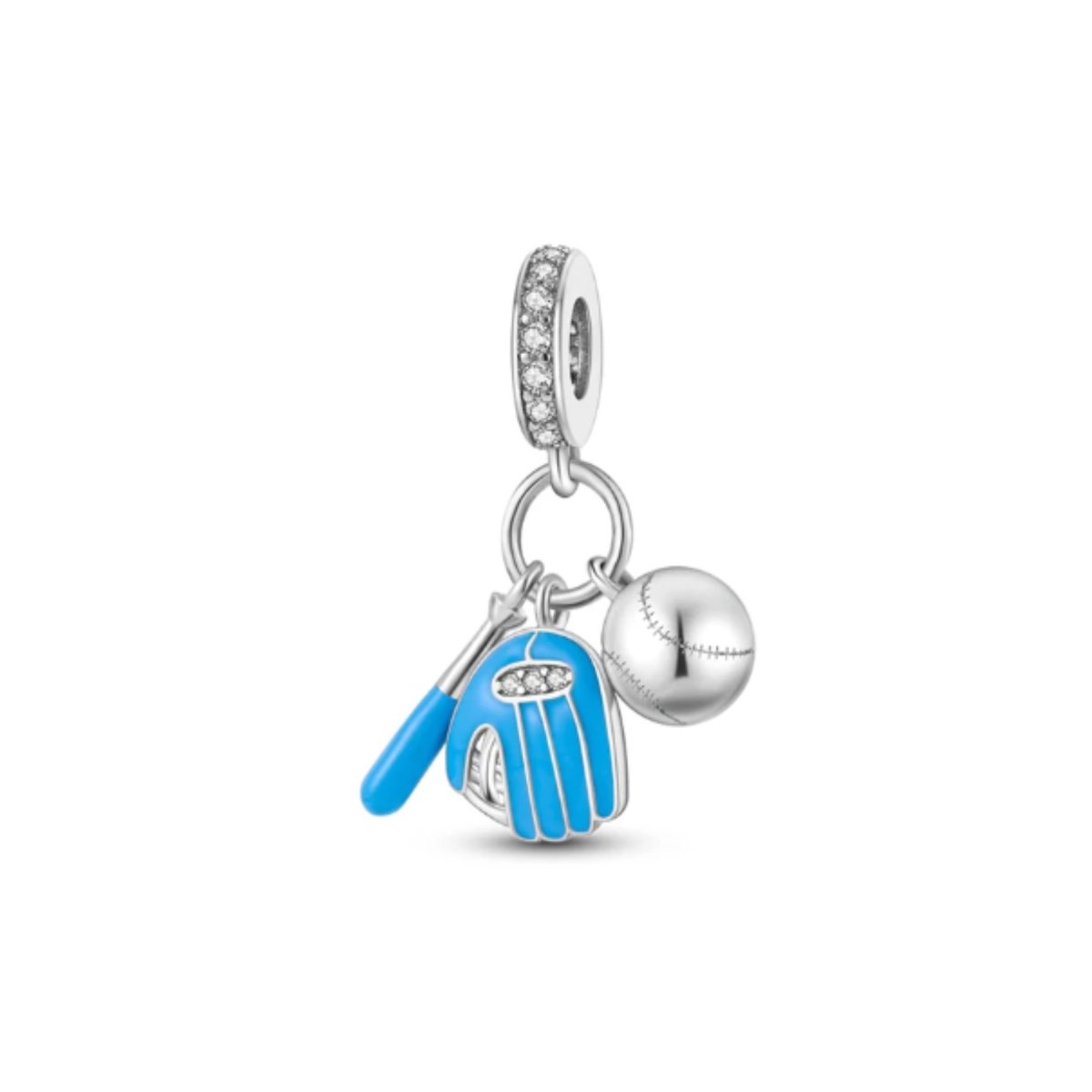 SportPresent® - SportBedel - Honkbalset Blauw - Bedel voor Armband - Geschikt voor armband - Honkbalset - Handschoen - Zirkonia - Basebal - Honkbal - Knuppel - Softbal - Sport - Charm - Zilver - 925 - Ketting - Sleutelhanger - Teamkado
