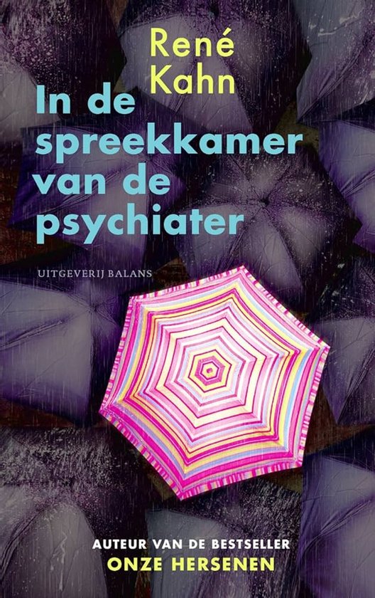 Boekomslag van "In de spreekkamer van de psychiater" met een kleurrijke paraplu op de voorgrond.