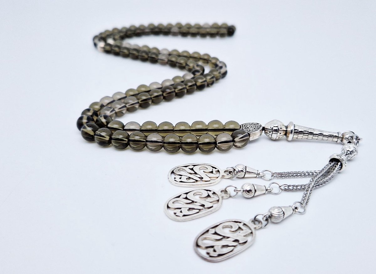 Handgemaakte tesbih "Tasbih" natuursteen " Rookkwarts" - Aantal kralen 99 - Diameter kralen 8MM - met metaal tassel "Yarab" - Een mooi cadeau-idee