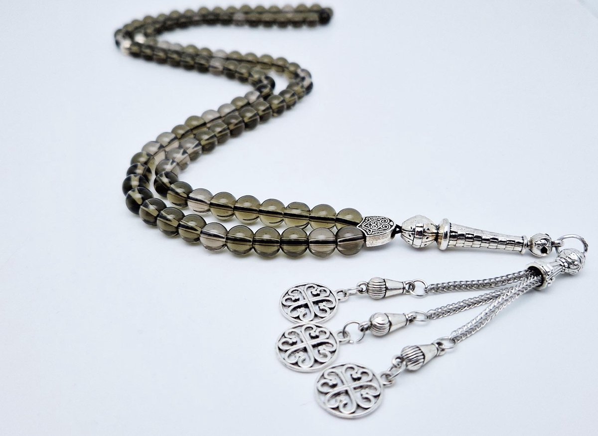 Handgemaakte tesbih "Tasbih" natuursteen " Rookkwarts" - Aantal kralen 99 - Diameter kralen 8MM - met metaal tassel "Arabesk" - Een mooi cadeau-idee