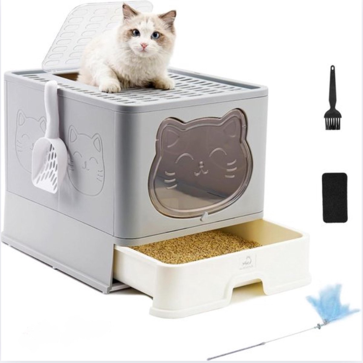 "Volledig Gesloten Kattentoilet met Deksel - Ladetype, Deodoriserend, Opvouwbaar, Inclusief Kunststof Schep - Lichtgrijs"