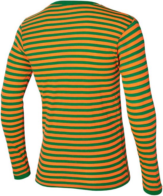 Achterkant van een oranje en groen gestreept longsleeve T-shirt.