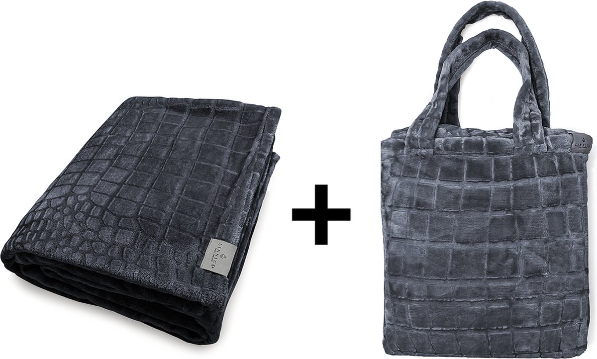 LINNICK Flanel Fleece Deken Crocodile - Dark Grey - 200x220cm - Fleece Plaid - Fleece Deken 200x220