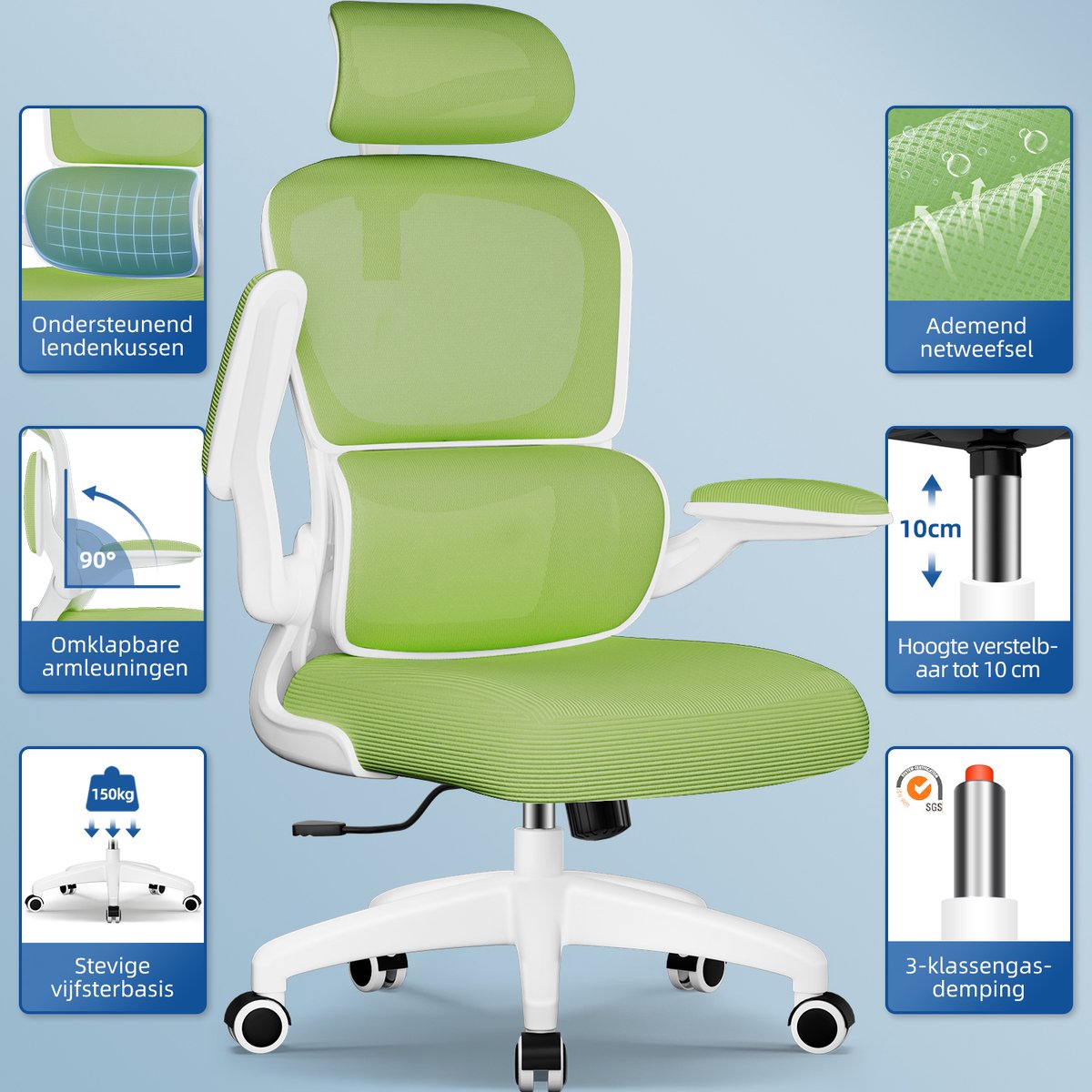 Elekiatech Ergonomische Bureaustoel - Bureaustoel met Opklapbare Armleuningen - Bureaustoelen voor Volwassenen - 150 Kg - Groen-wit thumbnail 3