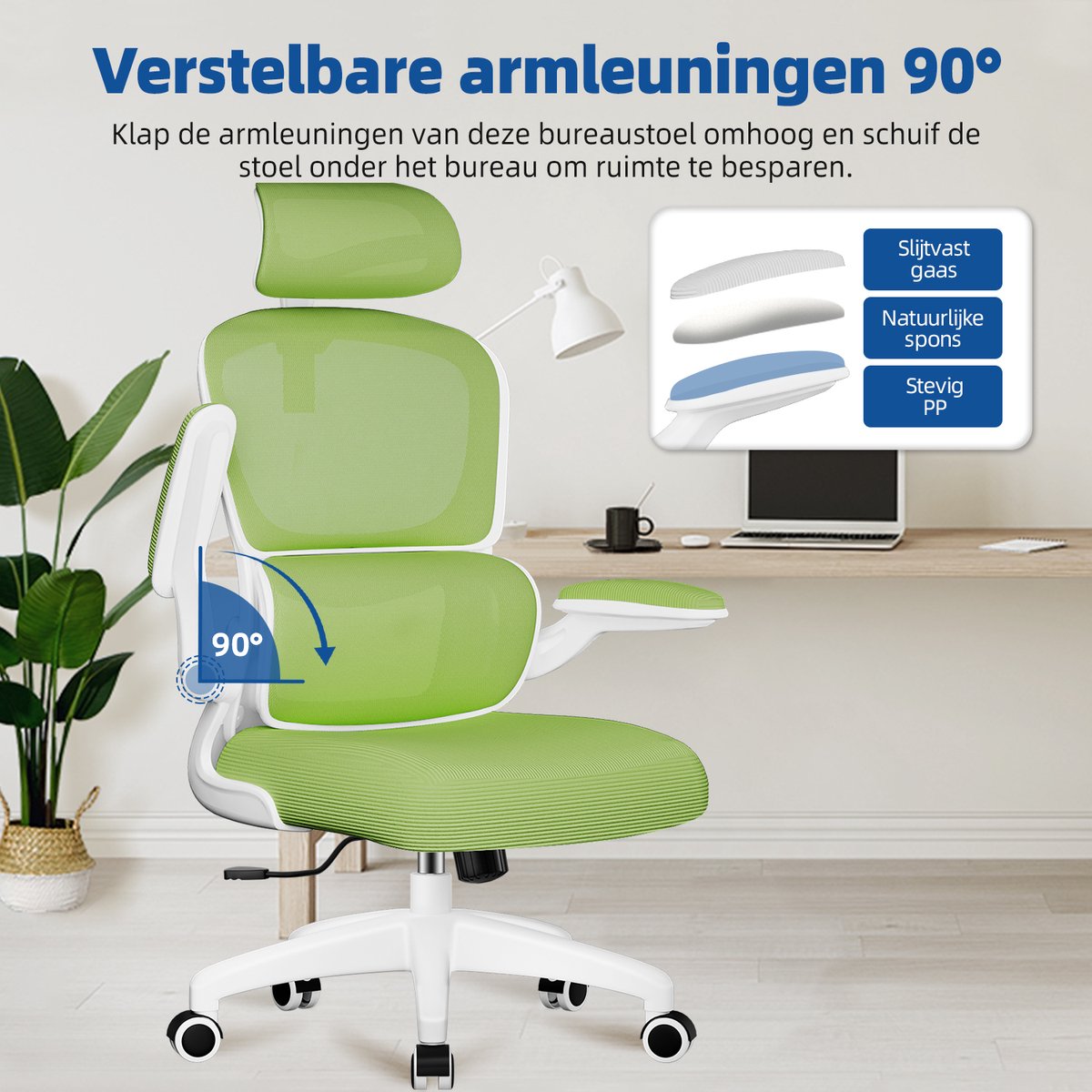 Elekiatech Ergonomische Bureaustoel - Bureaustoel met Opklapbare Armleuningen - Bureaustoelen voor Volwassenen - 150 Kg - Groen-wit thumbnail 5