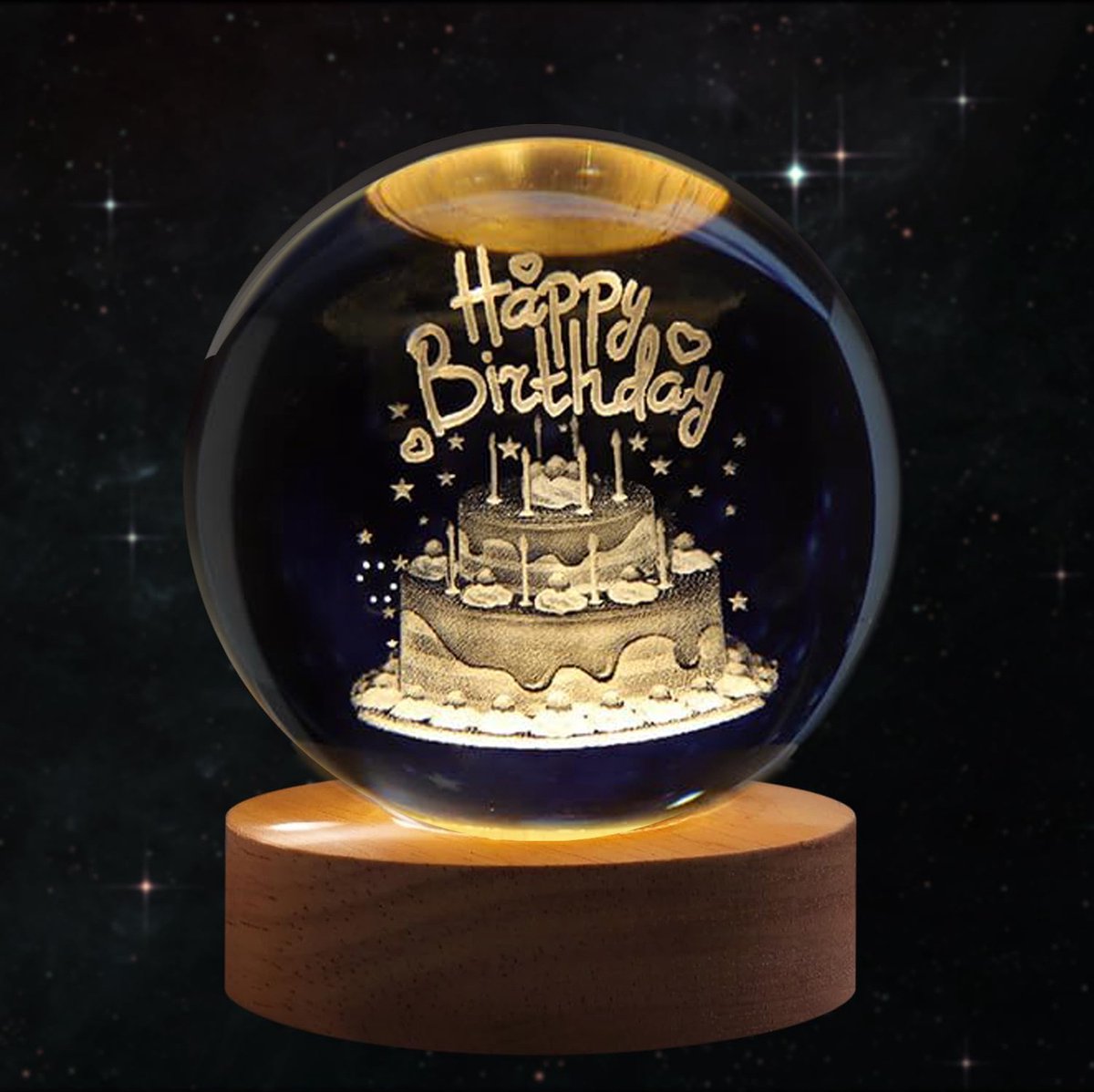 3D Kristallen Bal Happy Birthday - Nachtlampje - LED Glas Licht Hologram lamp met Massief Houten Basis - Nachtlamp - Cadeau idee - Verlichting - USB aansluiting - Woondecoratie