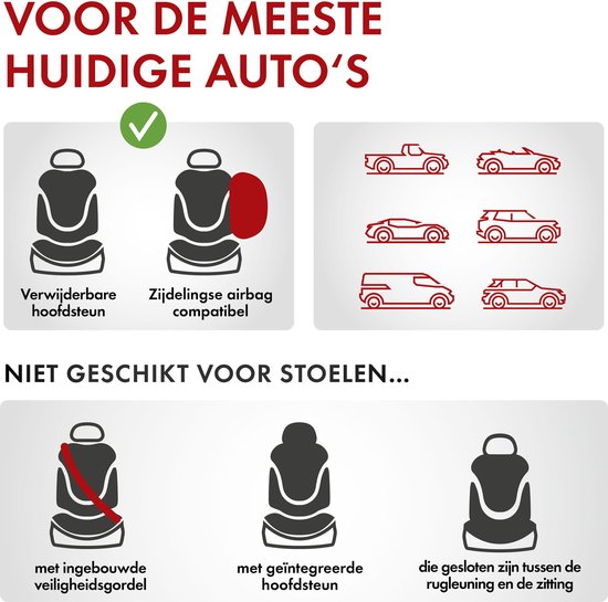 Grafiek toont compatibiliteit van stoelhoezen: geschikt voor verwijderbare hoofdsteun en zijdelingse airbags, ongeschikt voor ingebouwde gordels, geïntegreerde hoofdsteunen.