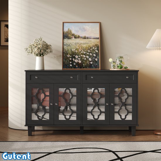 Armoire à dentelle Gutent - avec quatre portes miroir - avec tiroir - Étagères réglables - Poignée en cristal - Zwart