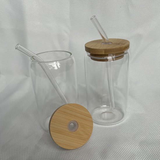 Glazen bekers met rietje (2 stuks) - 400 ML - drinkbeker herbruikbaar - glas bamboe beker - duurzaam van Homezy — afbeelding 3